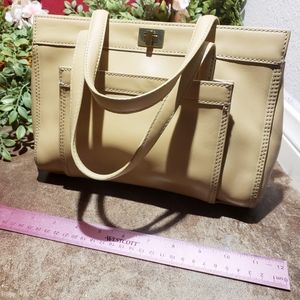 -Vintage Light Tan Leather Nordstrom Brand Satchel Handbag with Lavender Fabric